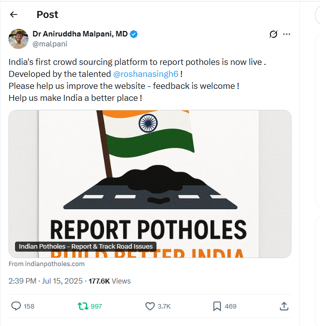 Dr. Malpani's viral tweet announcing IndianPotholes.com with 177K views